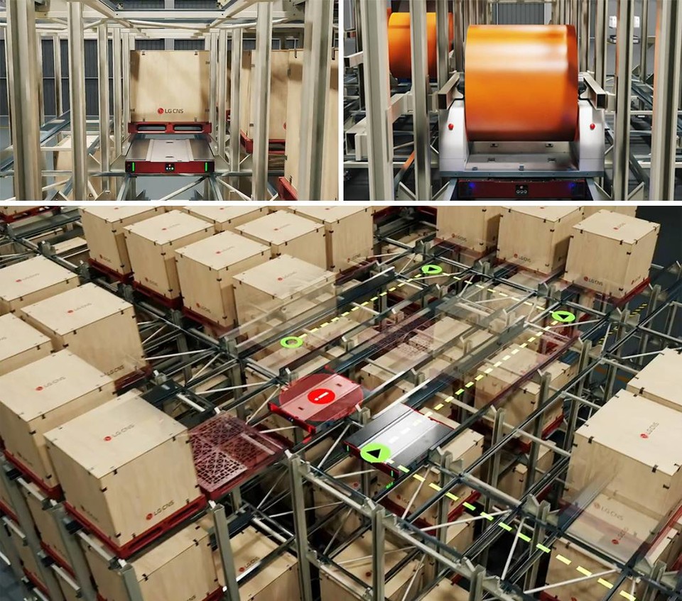 △창고 자동화 물류로봇 ‘3D 모바일 셔틀’이 물류창고 선반을 이동하는 모습(사진제공=LG CNS)